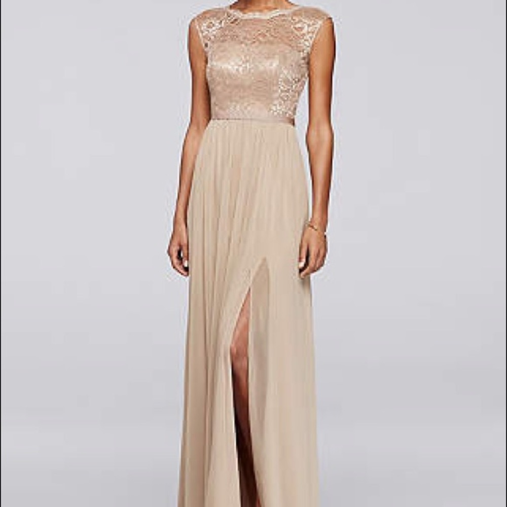 David’s Bridal bridesmaid dress gold metallic